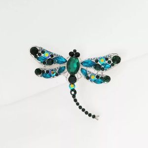 Dragonfly blue silver green gem rhinestone brooch
